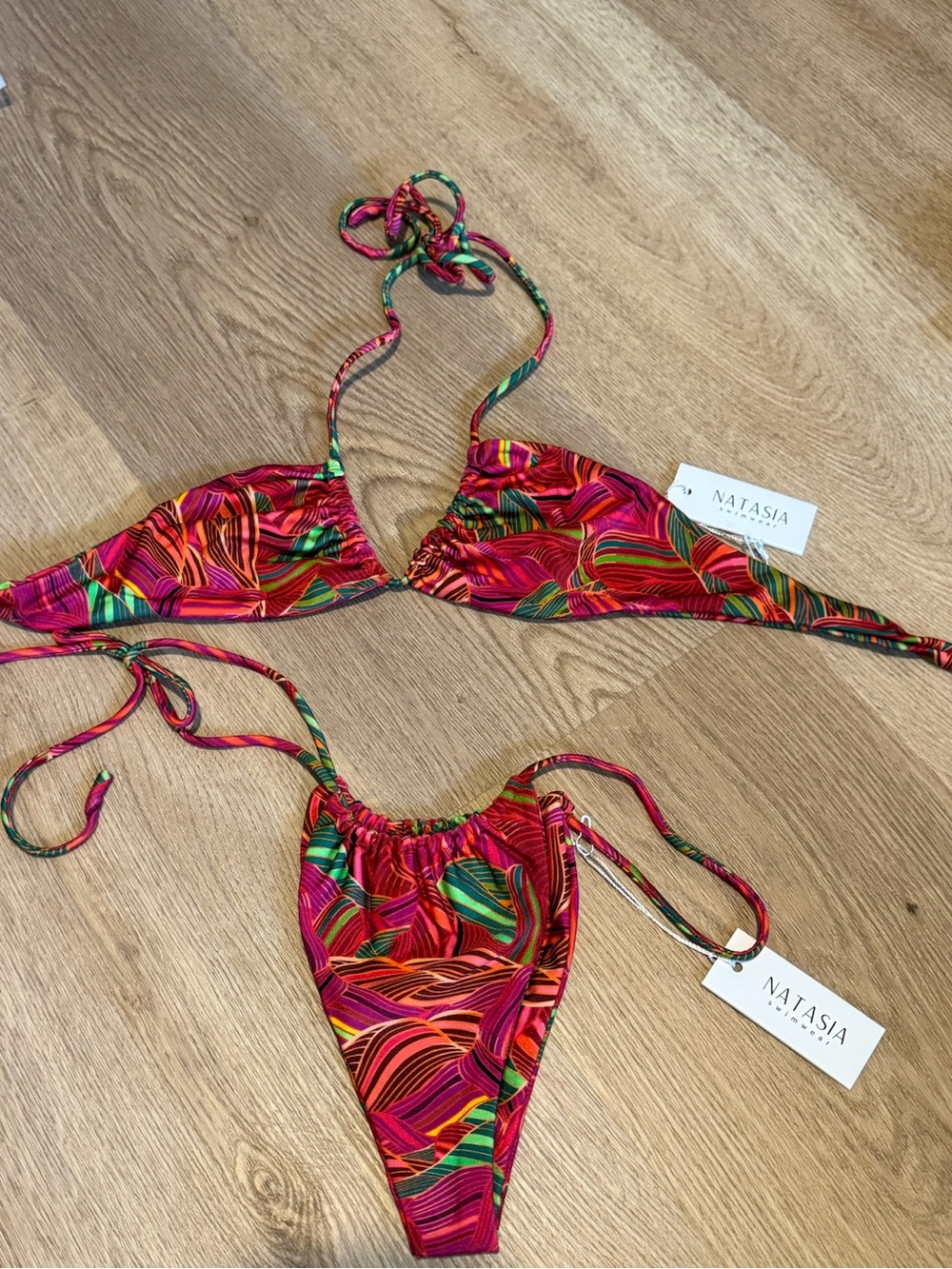 NWT Natasia Swim “Mastella” Red Leaf Tropical Print String Bikini Set